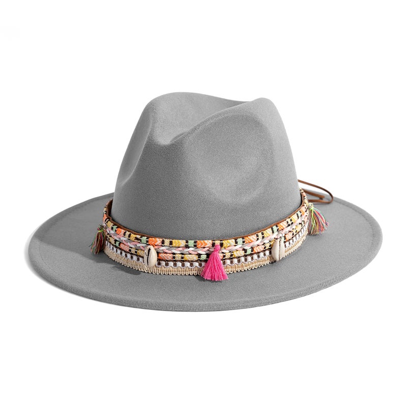 Gossifan Women's Felt Fedora Hat Wide Brim Panama Hats with Tassel-Light Grey - Image 1